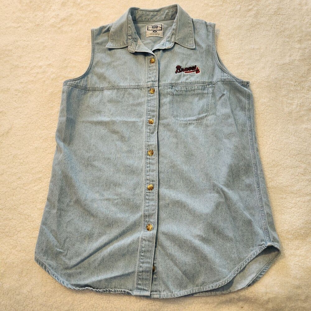 Vtg Womens Lee Sport Casuals Light Denim Sleeveless Button Up Shirt Braves sz M